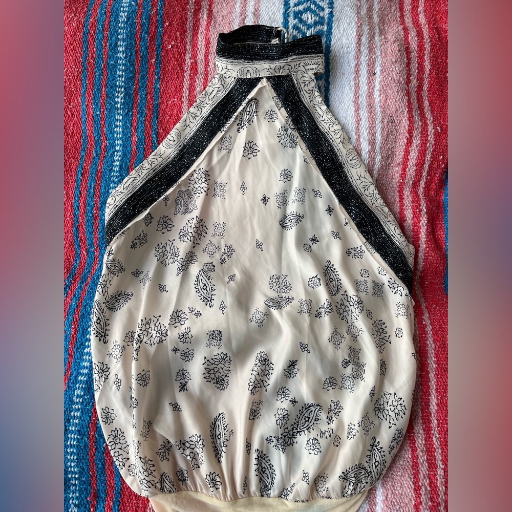 Free People Cream and Black Printed Halter Bodysuit
